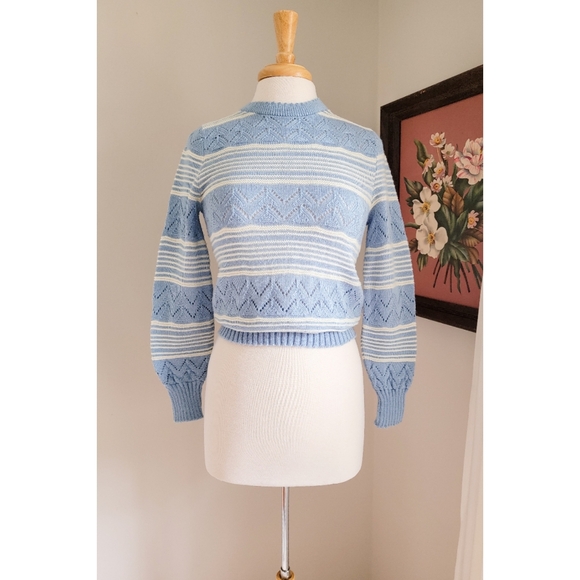 70s Pointelle Long Sleeve Cutwork 1970s Vintage Blue Striped Vintage Sweater - Picture 9 of 16